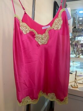 Hot Pink 100% Silk Camisole with Light Chartreuse Lace Trim